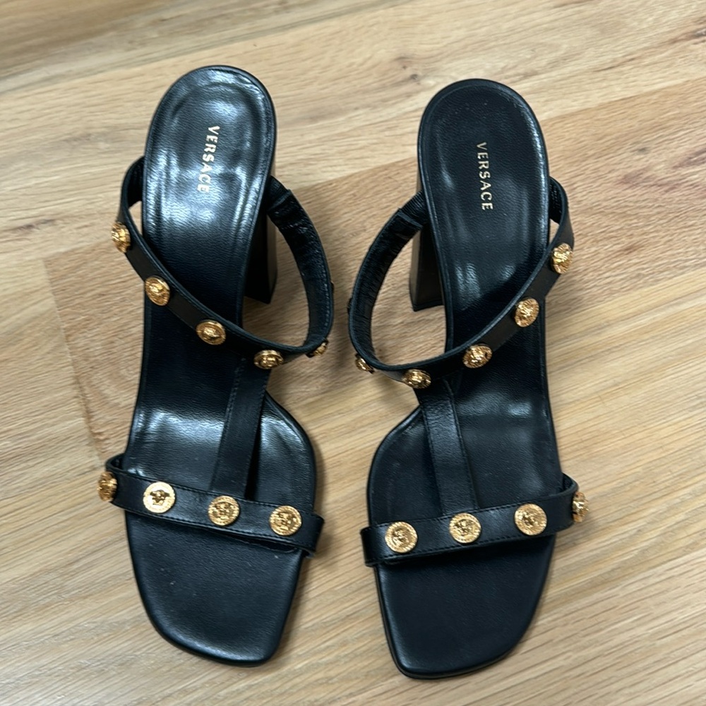 Versace Heeled Slides with Gold Studs